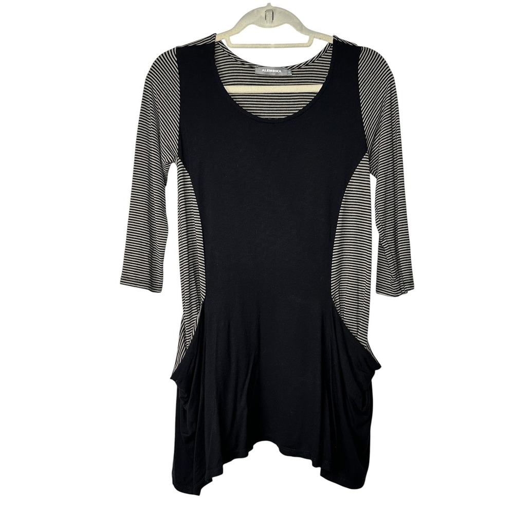 Alembika Black Striped Tunic Top Lagenlook Pocket Shirt Size 1 US Size 6/8